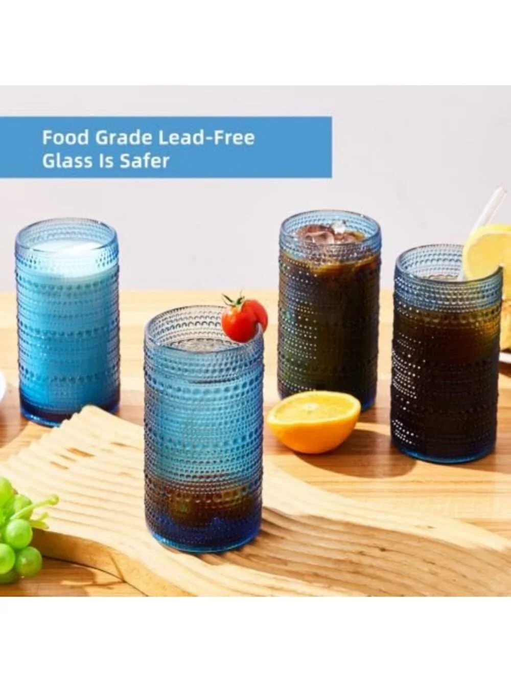 Set of 6 Blue Hobnail Tumblers - 16oz Vintage Drinking Glasses for Home Bar